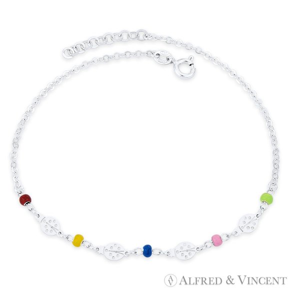 Ladybug, Enamel Bead & 2.2mm Flat Rolo Chain Anklet in .925 Sterling Silver - 9" - Picture 1 of 1
